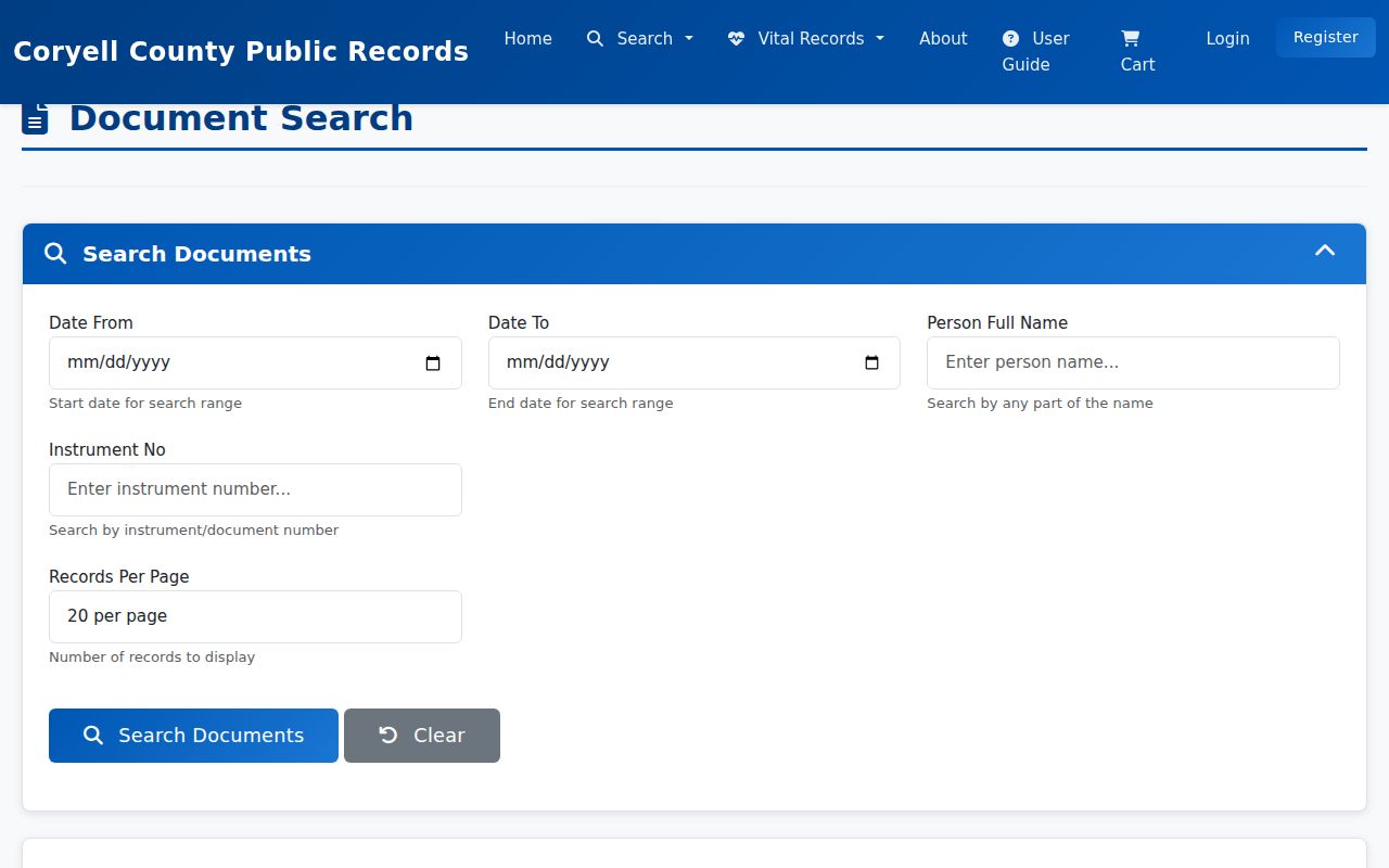 Copperas Cove street directory screenshot of the Coryell County deed index