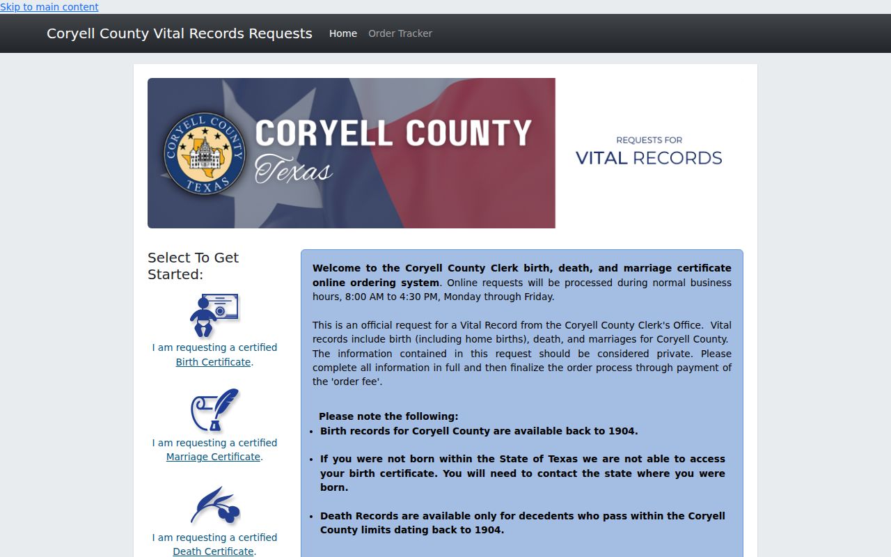 Copperas Cove resident vital-record search through the Coryell County application