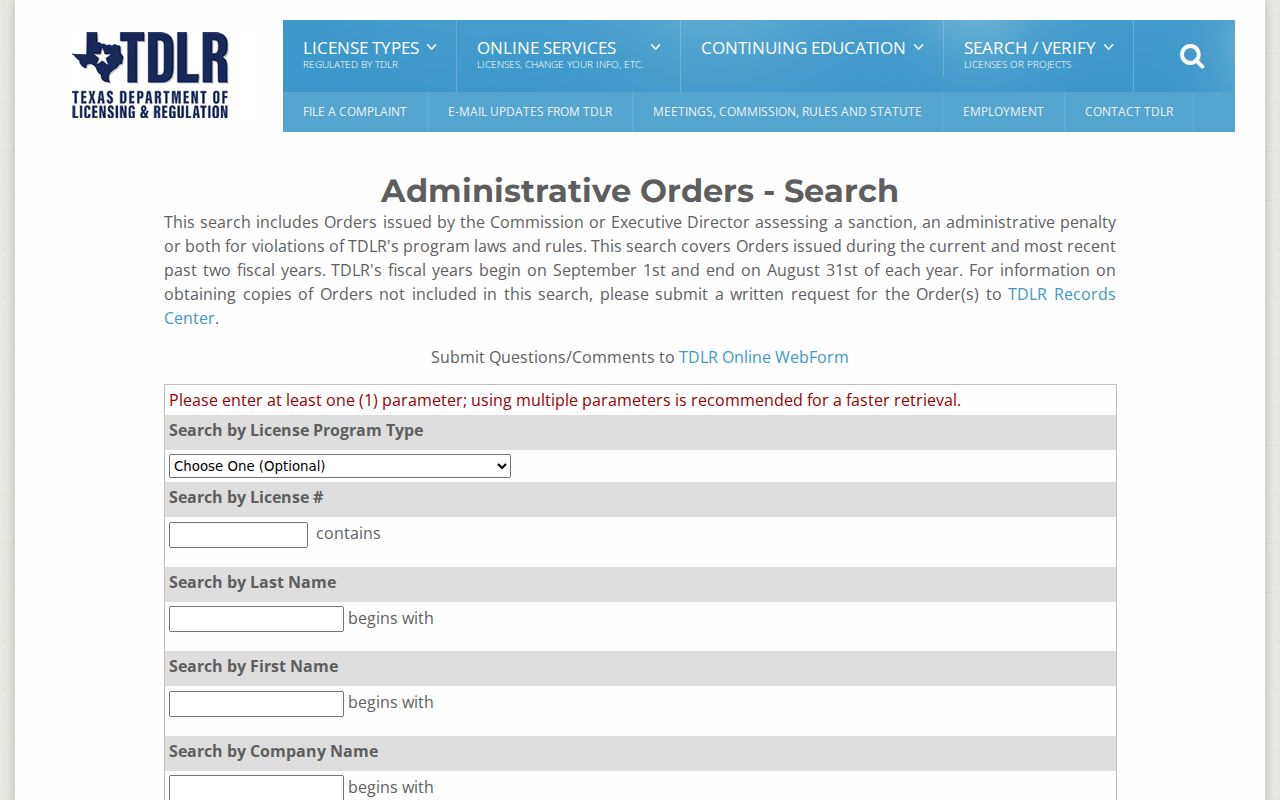 Copperas Cove residents directory view of the Texas TDLR order search